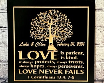 Love Is Patient Love Is Kind, Religious Quote, Wood Anniversary Gifts, Family Tree, Religious Sign, Wedding Gift for Couples