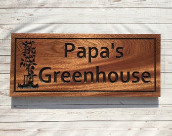 Greenhouse sign with Tomato Plant and Pitch Fork images, personalized wooden carved sign, gift for the gardener