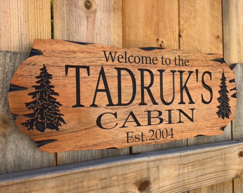 Outdoor Sign, Rot Resistant, Wooden Carved Cabin Sign, Pine Trees, Camp Sign, Weekend Camping, Lakehouse Sign, Cottage Sign, Benchmark Signs image 3