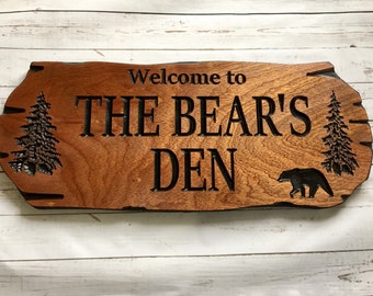 Wooden Carved Outdoor Cabin Sign with bear and pine trees, personalized wood welcome sign for the Bear's Den