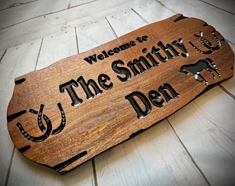 Custom Wooden Carved Sign with Horseshoes and Horse Silhouette