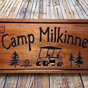 Outdoor Camp Sign with Golf Cart, Campfire, Tree and Shot Glass, Personalized Wood Sign, Camping Gift, Gifts for Men, Benchmark Signs