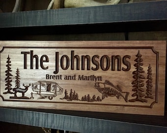 Wooden Carved Personalized Sign with Trees, Camper, Deer and Bass Fish