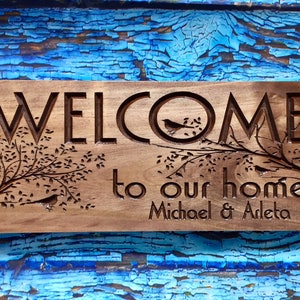 Carved Wooden Welcome Sign Nature inspired bird and tree branch design Fathers Day Gift Idea  for nature bird lover Client Gift ideas