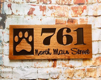 Carved Wooden Address Sign with Animal Paw Print Great Gift For Pet Lovers