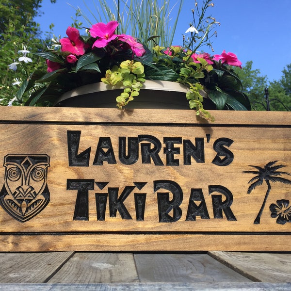 Tiki Bar Sign, TIKI Head, Hawaiian Statues, Tropical Decor with Palm tree, Wooden Carved Sign, Tribal Wall Sign, Wood Wall Art, Hibiscus