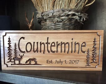 Personalized Cabin Signs Rustic Family Last Name Welcome Pine Tree Cone Deer Silhouette carved Wooden Sign Cottage Cabin Decor Doe Buck #14