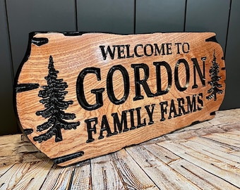 Custom Carved Wooden Farm Sign • Personalized Pine Tree Homestead Decor