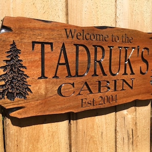 Outdoor Sign, Rot Resistant, Wooden Carved Cabin Sign, Pine Trees, Camp Sign, Weekend Camping, Lakehouse Sign, Cottage Sign, Benchmark Signs image 1