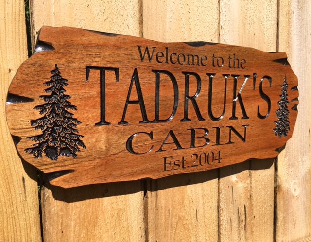 Outdoor Sign, Rot Resistant, Wooden Carved Cabin Sign, Pine Trees, Ca…