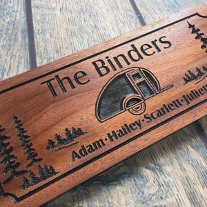Custom Family Camping Sign - Personalized Wooden Plaque with Camper Design and Rustic Trees - Rot Resistant Wood -Gifts for Couples