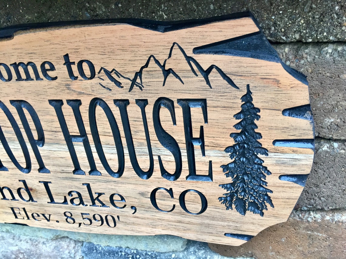 Outdoor Signs Wooden Carved Cabin Sign Pine Trees Camp Etsy