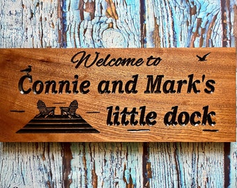 Wooden Carved Welcome Sign with Wood Dock, Adirondack Chairs and Sea Birds Great Personalized Gift for Lake House Benchmark Signs Gifts