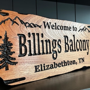 Outdoor Wooden Sign with Carved Pine Trees and Mountains Perfect for a Cabin or Campsite Benchmark Signs and Gifts