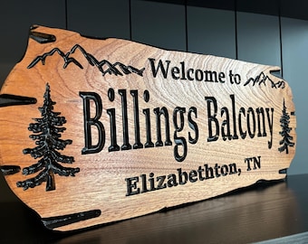 Outdoor Wooden Sign with Carved Pine Trees and Mountains Perfect for a Cabin or Campsite Benchmark Signs and Gifts