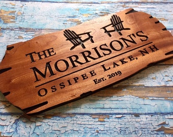 Personalized Outdoor Camp Sign, Custom Carved Wood Plaque with Adirondack Chair, Lake House Decor