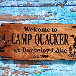 Wooden Cabin Sign with Mallard Duck, Outdoor Carved Lake House Decor with Cattail, Duck, Camping Sign, Gift for Nature Lover, Benchmark