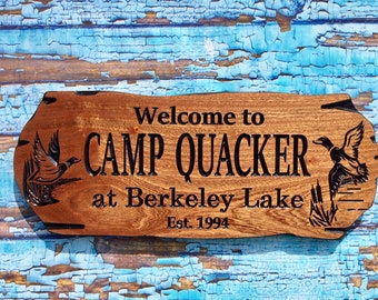 Wooden Carved Cabin Sign with Mallard Ducks and Cattails