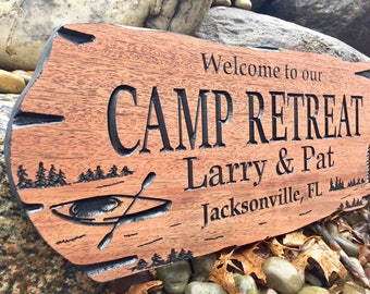 Custom Sign with Kayak and Pine Trees, Lake House Decor, Carved Personalized Gift, Rot Resistant Wood, Large Cabin Plaque, Gift For Couples