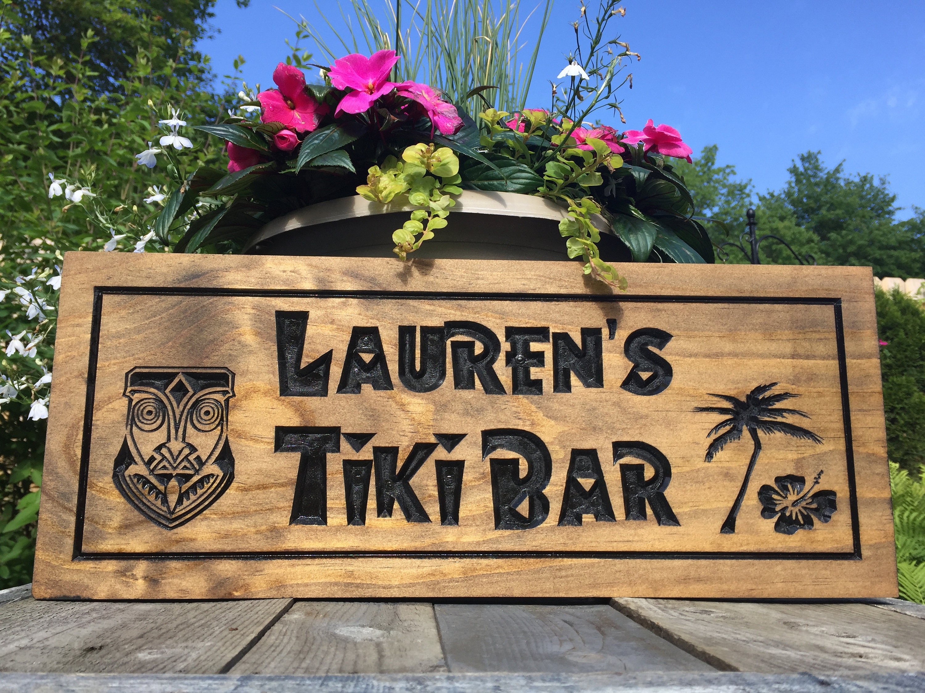 Personalized Wood Carved Bar Sign TIKI Bar with Palm tree and | Etsy