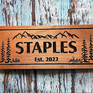 Mountain House Sign, Cabin Decor, Pine Trees, Elevation Signs, Family Last Name Address Plaque with Mountains, Benchmark Signs Gifts