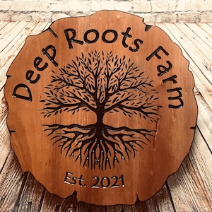 Custom wooden Sign with Tree of life, carved personalized sign, round rustic edge, log slice shaped plaque