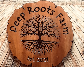 Custom wooden Sign with Tree of life, carved personalized sign, round rustic edge, log slice shaped plaque