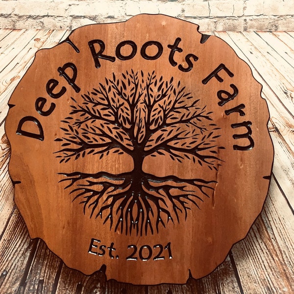 Custom wooden Sign with Tree of life, carved personalized sign, round rustic edge, log slice shaped plaque