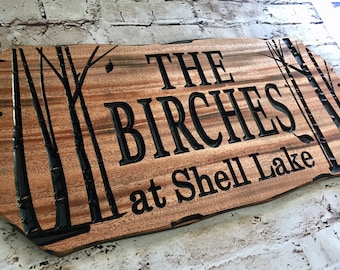 Cabin Sign, Outdoor Wood Sign, Birch Trees, Rustic Signs, rustic edge sign, Cabin Decor, Cottage Sign, Wooden Carved Plaque, Benchmark Signs