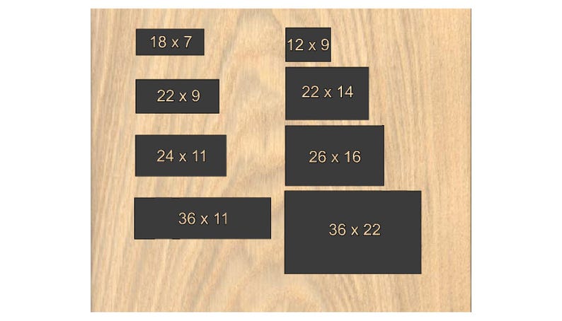 Pode incluir: Oito ret&acirc;ngulos pretos com texto branco indicando as dimens&otilde;es em polegadas. Est&atilde;o dispostos sobre uma superf&iacute;cie de madeira castanha clara. As dimens&otilde;es variam de 18 x 7 polegadas a 36 x 22 polegadas (aproximadamente 91 x 56 cm).