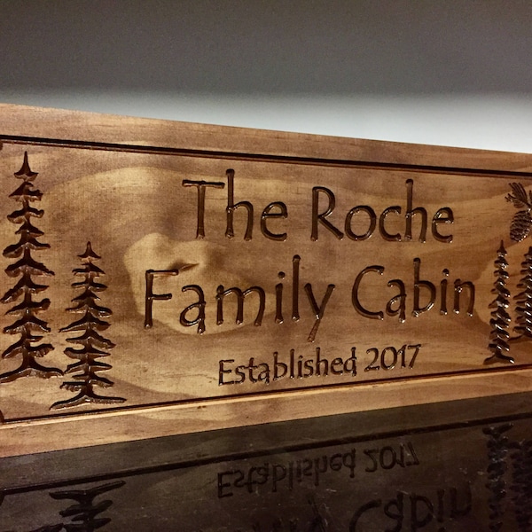 Personalized Carved Wood Cabin Sign: Pine Tree & Pinecone Design