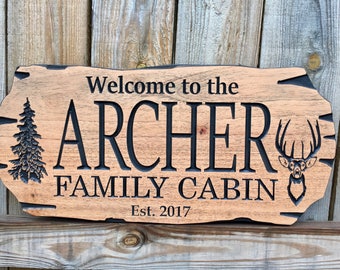 Outdoor Wooden Carved Cabin Sign with Pine Tree and Whitetail Deer on Rot Resistant plaque by Benchmark Signs