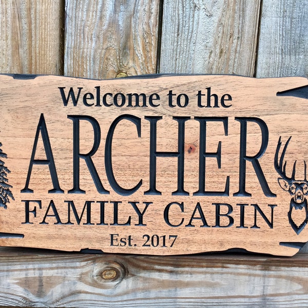 Outdoor Wooden Carved Cabin Sign with Pine Tree and Whitetail Deer on Rot Resistant plaque by Benchmark Signs