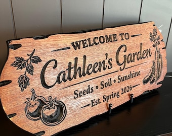 Custom Garden Sign – Carved Wood Outdoor Welcome Plaque – Personalized Greenhouse Decor- Flower Garden