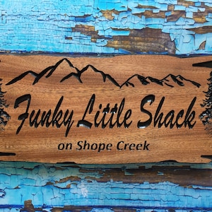 Personalized Rustic Cabin Sign with Pine Trees & Mountain Design - Handcrafted Wooden Outdoor Decor for Retreat or Camp