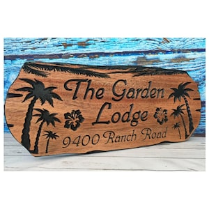 Custom Carved Wooden Sign: Tropical Palm Tree & Hibiscus Decor