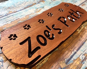 Personalized Dog Paw Print Sign, Pet Hiking Trail Sign, Carved Wooden Name Plaque, Pet Memorial Plaque