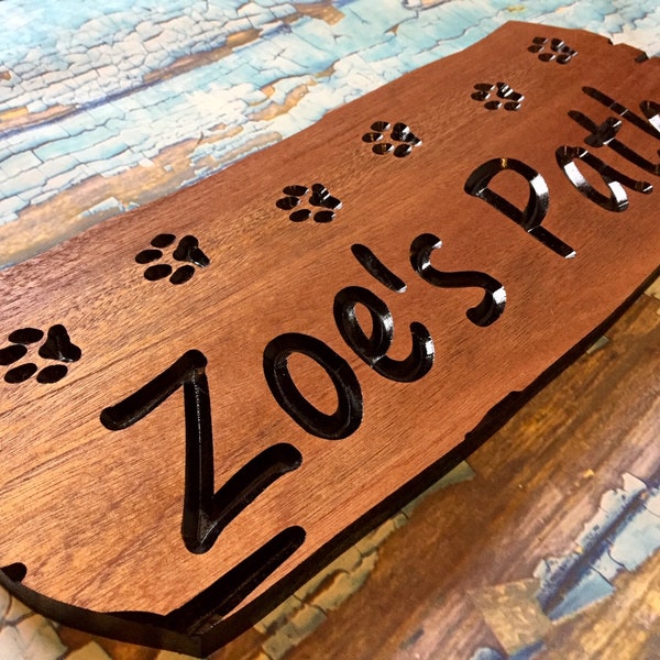 Personalized Outdoor Hiking Trail Sign with Dog Paw Prints, custom dog gifts, wooden carved sign, dog house name plaque