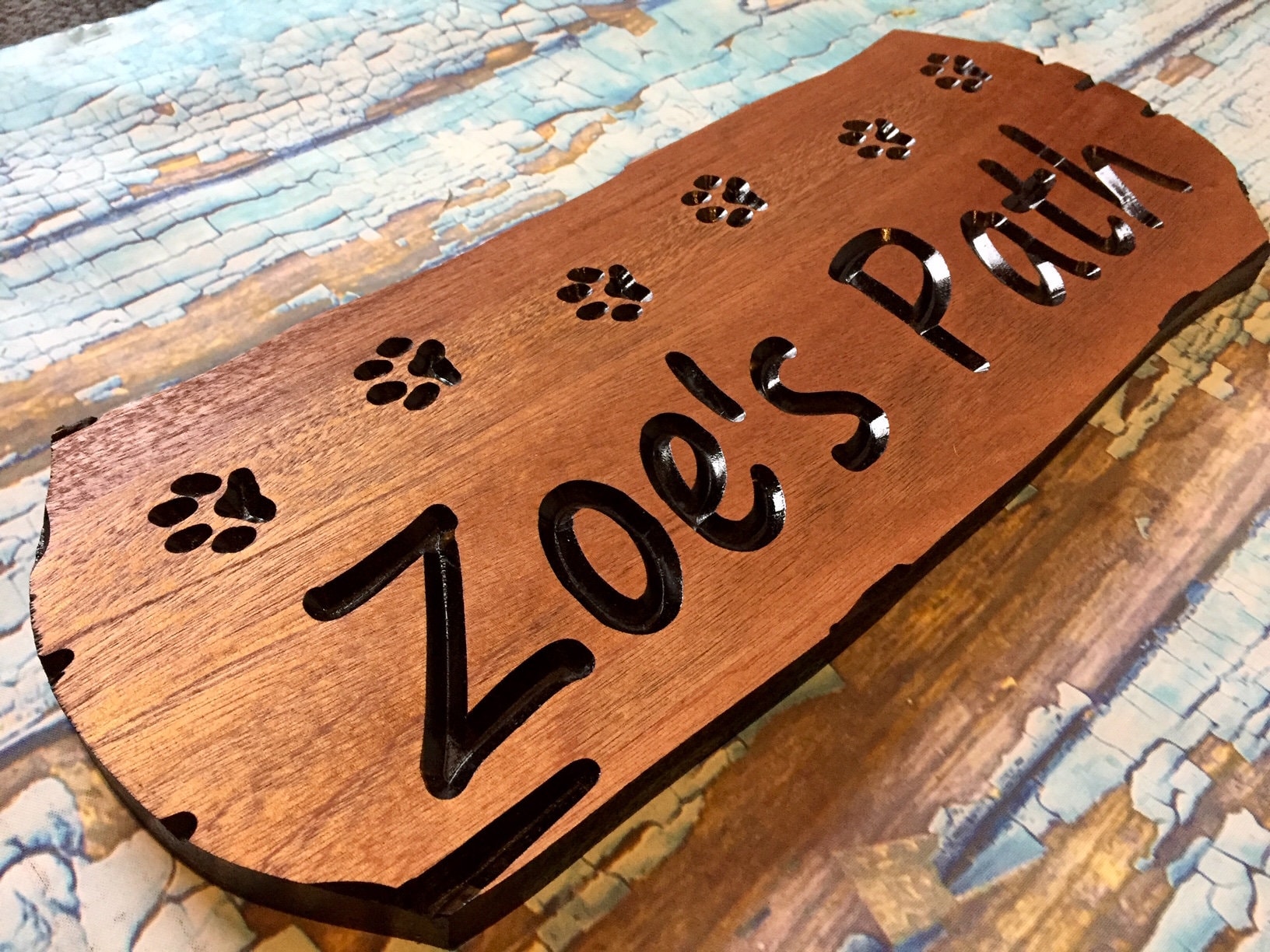 Personalized Dog Paw Hiking Trail Sign: Carved Wooden Name Plaque