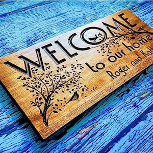 Wooden Signs Custom, Personalized gift, Wood plaque for housewarming, Welcome to our home sign with trees and birds