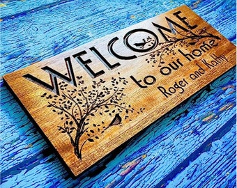 Wooden Signs Custom, Personalized gift, Wood plaque for housewarming, Welcome to our home sign with trees and birds