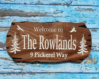 Wooden signs custom, outdoor carved sign, custom wood plaque with pine trees, personalized gift, rustic lodge decor, carved white text