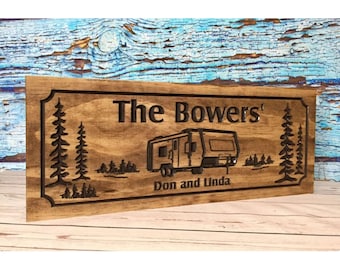 Personalized RV Camping Sign, Custom Carved Wood Family Name Plaque, Campsite Decor