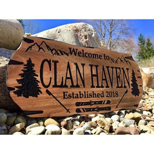 Outdoor Wooden Carved Ski-Themed Sign for Cabins, Retreats and Mountain Homes.