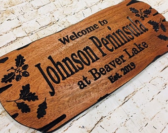 Custom Outdoor Wooden Carved Sign with Oak Leaves, Acorns, and hand finished rustic edges, personalize the plaque with cabin or camp name