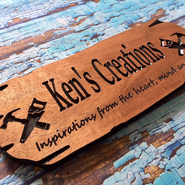 Personalized Wood Shop Sign: Carved Saw & Hammer, Mancave Plaque