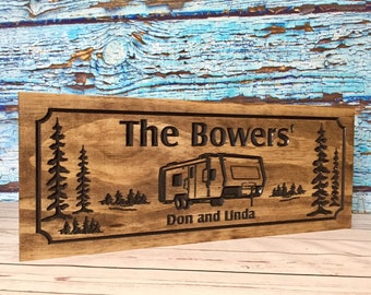 Custom Camping Sign With Carved trees and RV Camper personalized with your Family Name or Campsite, Great Gift for Nature Inspired Couples