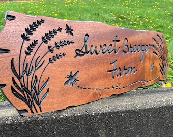 Custom Wooden Farm Sign • Carved Lavender Flowers and Bees Homestead Decor