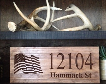 Personalized Father's Day Gift, Carved Address Sign with American Flag, Outdoor Wooden Sign, New Home Address, Gifts for Him