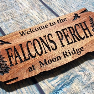 Wooden Signs, custom wood signs, camping sign, outdoor signs, custom wood sign, carved wood sign, eagles, custom wood sign outdoors, falcon